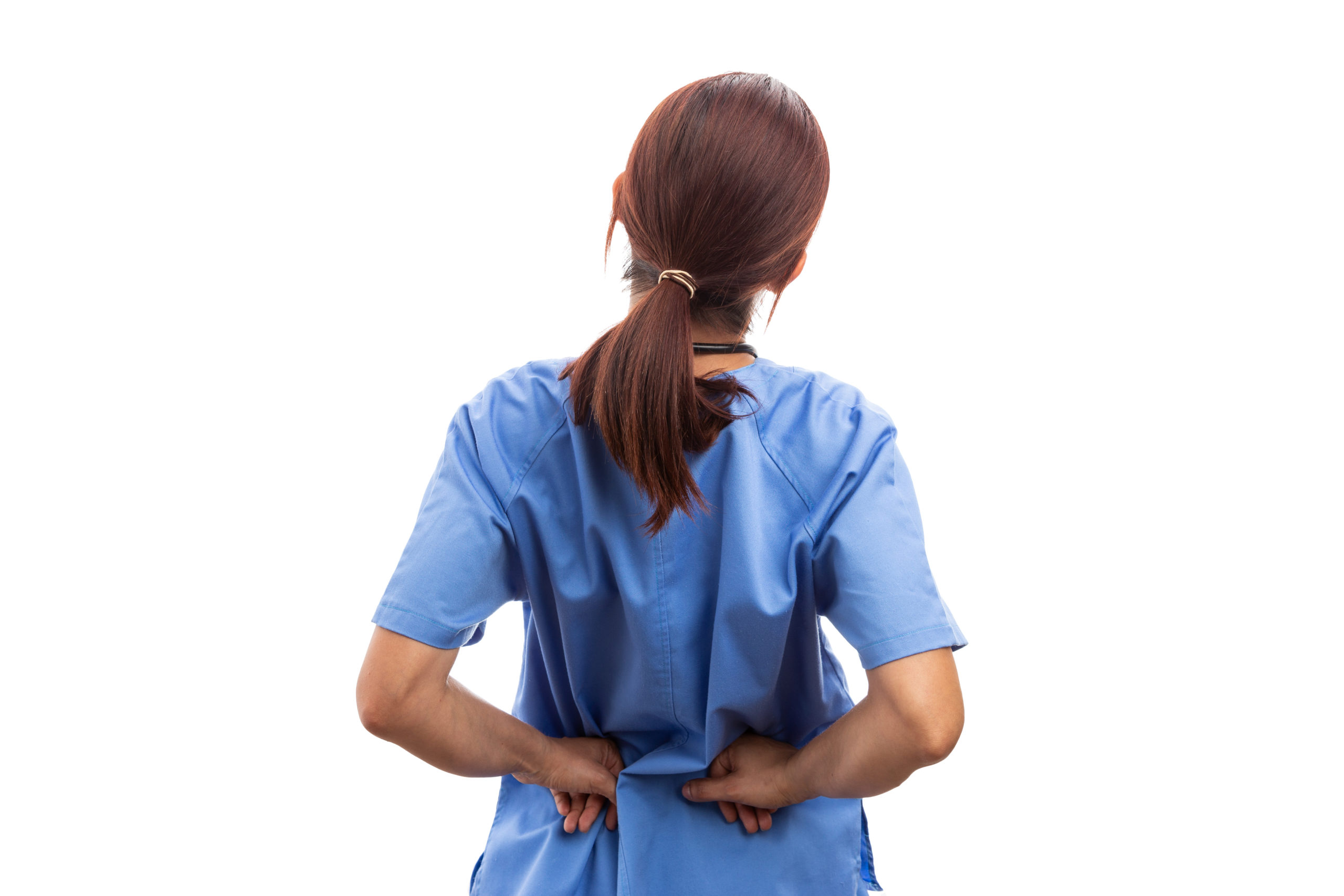 Rear view of female nurse or doctor holding painful lumbar area. HealthCap USA