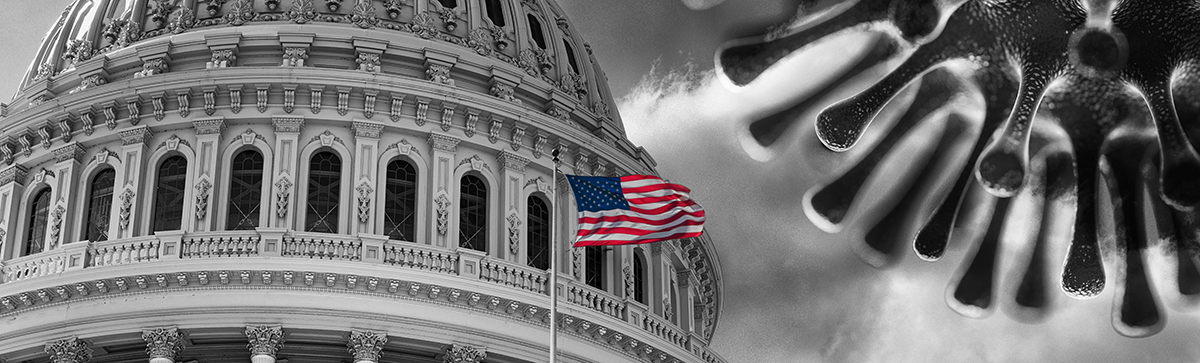 US Capitol dome with US flag and large COVID virus