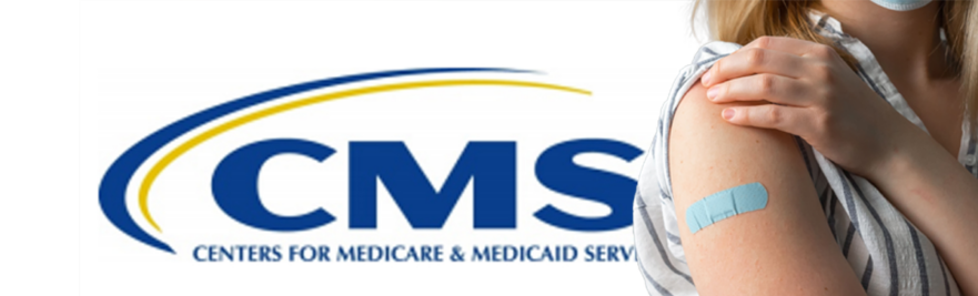 Woman with bandage on shoulder and CMS logo behind her