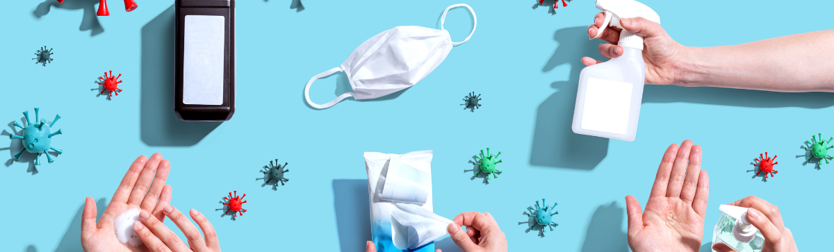 Images associated with infection control: face mask, soap, hand washing, etc.